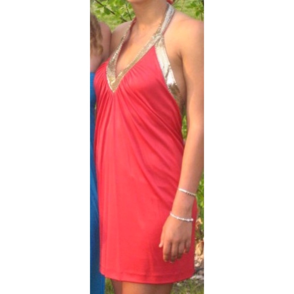 Bcbg coral/ gold sequin halter dress